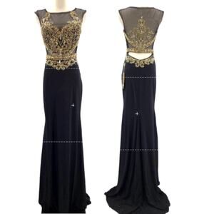 ASPEED SZ S black gold hand beaded mesh sleeveless cutout formal gown NWT B163
